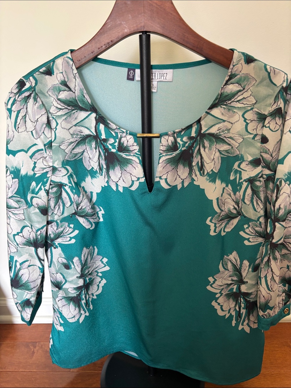 Jennifer Lopez Green Floral 3/4 Sleeve Blouse Womens Size Small